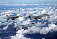 The F15 Eagle -in the right corner- the F18 Hornet -near- and the F16 Fighting Falcon -far-